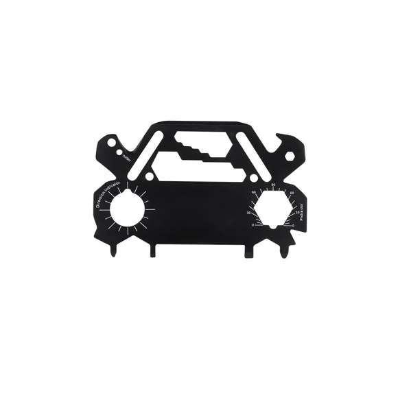 Original y práctica multiherramienta en acero inox con forma de coche. Con 30 funciones, entre otras: destornillador de punta plana y philips, llave para tuercas hexagonales en varios tamaños, regla y abrebotellas.