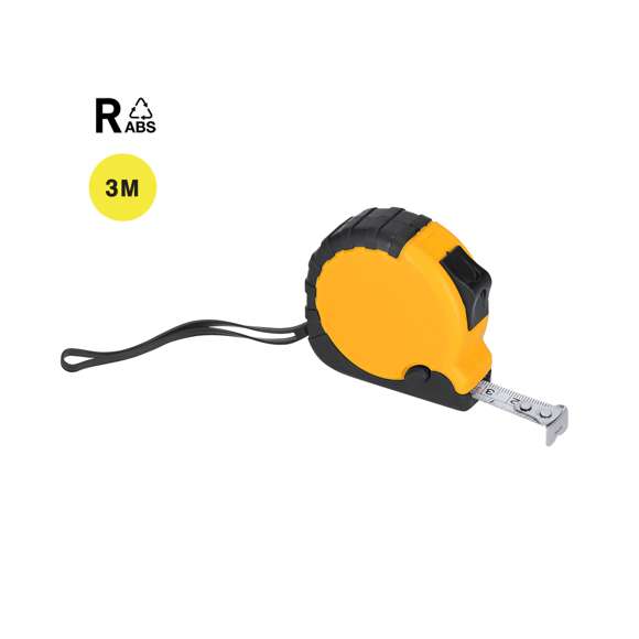 Flexómetro fabricado con RABS de 3 metros con cuchilla metálica y mecanismo de bloqueo. Recubierto con funda protectora de resistente goma, clip metálico para cinturón y cinta de transporte. Con logotipo de RABS en la parte trasera. El RABS es un plástico altamente reciclable de gran resistencia y con multitud de aplicaciones que lo convierten en una solución eco-friendly.