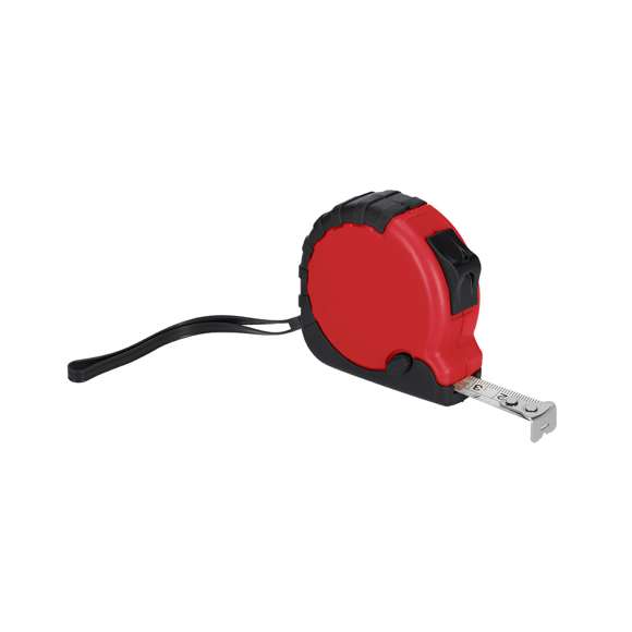 Flexómetro fabricado con RABS de 3 metros con cuchilla metálica y mecanismo de bloqueo. Recubierto con funda protectora de resistente goma, clip metálico para cinturón y cinta de transporte. Con logotipo de RABS en la parte trasera. El RABS es un plástico altamente reciclable de gran resistencia y con multitud de aplicaciones que lo convierten en una solución eco-friendly.