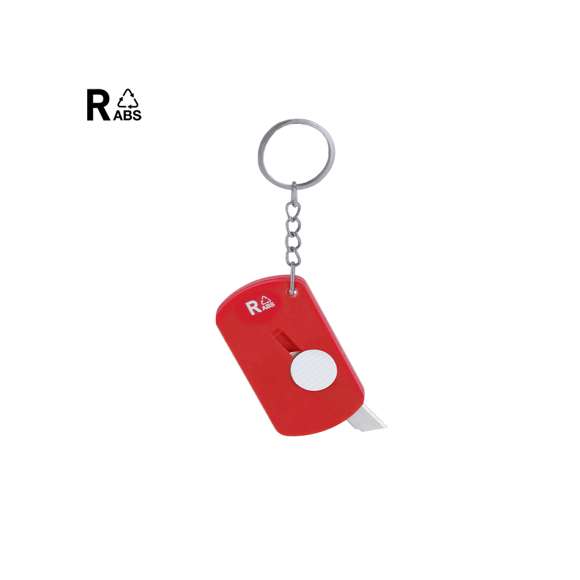 Llavero cúter en ABS reciclado (RABS) con hoja en acero inox. Con distintivo RABS impreso.El RABS es un plástico altamente reciclable de gran resistencia y con multitud de aplicaciones que lo convierten en una solución eco-friendly.