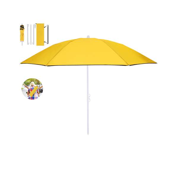 Sombrilla de playa plegable de 8 paneles su diseño compacto en cuatro secciones facilita el montaje. Confeccionada en resistente nylon con interior en color gris plateado y protección UV, con un diámetro de 160 cm, altura ajustable y tubos metalizados en color blanco. Las varillas están fabricadas en fibra de vidrio para mayor resistencia y resistente al viento. Se presenta en una práctica funda transparente a juego con la sombrilla, con cierre de cuerda y cinta para transporte.