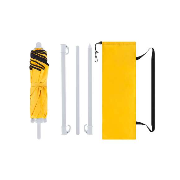 Sombrilla de playa plegable de 8 paneles su diseño compacto en cuatro secciones facilita el montaje. Confeccionada en resistente nylon con interior en color gris plateado y protección UV, con un diámetro de 160 cm, altura ajustable y tubos metalizados en color blanco. Las varillas están fabricadas en fibra de vidrio para mayor resistencia y resistente al viento. Se presenta en una práctica funda transparente a juego con la sombrilla, con cierre de cuerda y cinta para transporte.