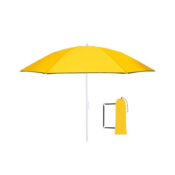Sombrilla de playa plegable de 8 paneles su diseño compacto en cuatro secciones facilita el montaje. Confeccionada en resistente nylon con interior en color gris plateado y protección UV, con un diámetro de 160 cm, altura ajustable y tubos metalizados en color blanco. Las varillas están fabricadas en fibra de vidrio para mayor resistencia y resistente al viento. Se presenta en una práctica funda transparente a juego con la sombrilla, con cierre de cuerda y cinta para transporte.