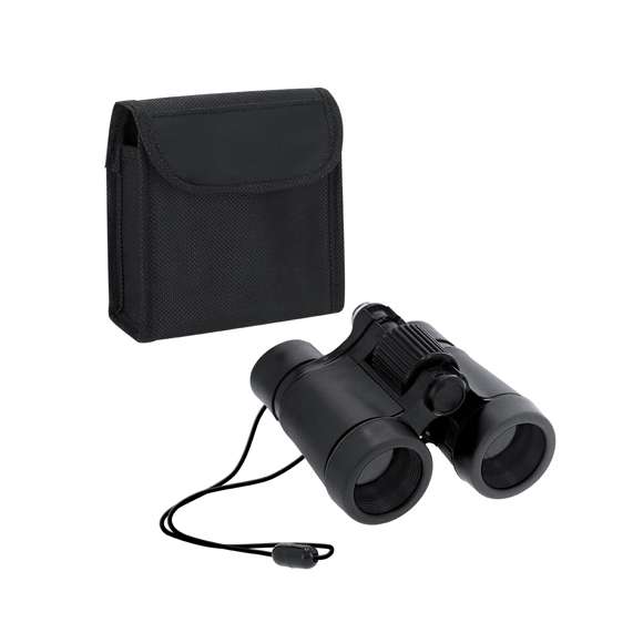 Prismáticos ajustables de largo alcance con lentes de cristal y cuerpo en resistente ABS. Con suave y confortable zona de apoyo alrededor de los ojos. Con brúula y cordón con sistema antiestrangulamiento. Incluye estuche con cierre de velcro y cinta para cinturón.