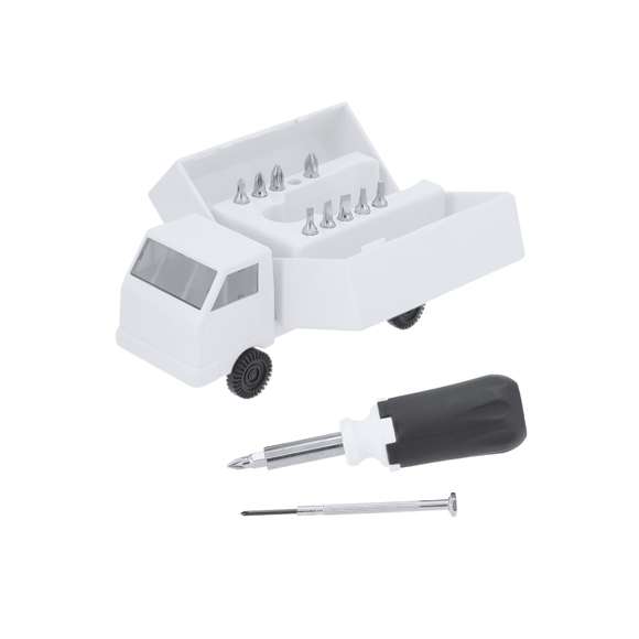 Set de herramientas con estuche en forma de camión. Con 15 herramientas. Incluye set de destornilladores de precisión (plano y philips) y mango multifunción con cabezales intercambiables planos y de estrella.