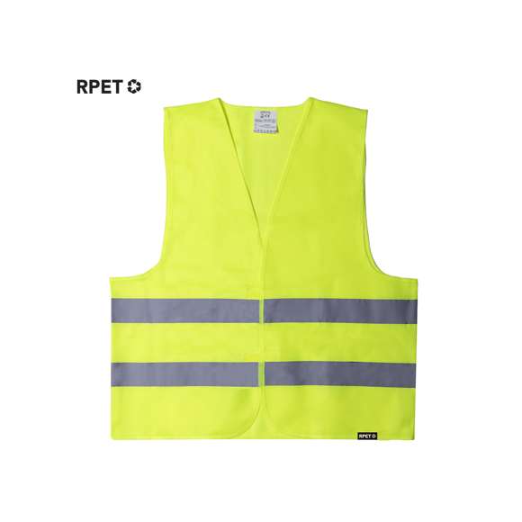 Chaleco reflectante de alta visibilidad, homologado según normativas de seguridad CE fabricado en RPET. Con doble tira reflectante alrededor del cuerpo y cierres de velcro. Talla única para adulto.El material RPET se elabora a partir de plástico reciclado, para así fomentar la reutilización de residuos plásticos y ayudar a la sostenibilidad del planeta.