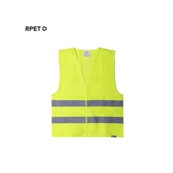 Chaleco reflectante infantil de alta visibilidad, homologado según normativas de seguridad CE fabricado en RPET. Con doble tira reflectante alrededor del cuerpo y cierres de velcro. Talla única para niño.El material RPET se elabora a partir de plástico reciclado, para así fomentar la reutilización de residuos plásticos y ayudar a la sostenibilidad del planeta.