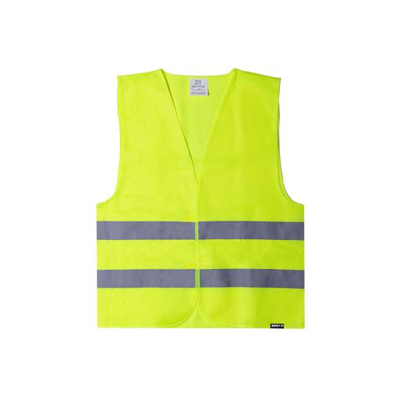 Chaleco reflectante infantil de alta visibilidad, homologado según normativas de seguridad CE fabricado en RPET. Con doble tira reflectante alrededor del cuerpo y cierres de velcro. Talla única para niño.El material RPET se elabora a partir de plástico reciclado, para así fomentar la reutilización de residuos plásticos y ayudar a la sostenibilidad del planeta.