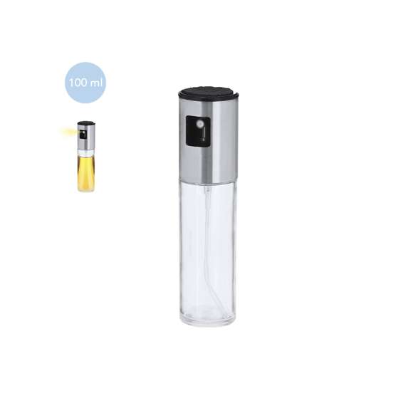 Pulverizador de aceite de cristal y acero inox. Con capacidad de 100 ml y práctico mecanismo pulsador que permite un pulverizado uniforme.
