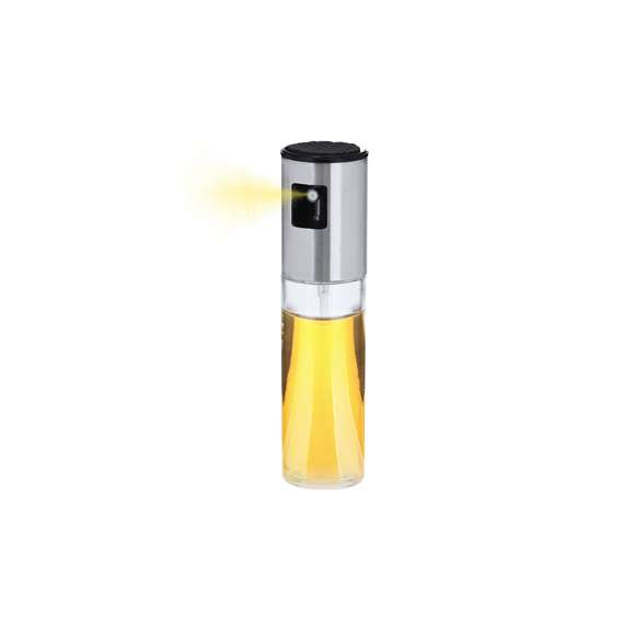 Pulverizador de aceite de cristal y acero inox. Con capacidad de 100 ml y práctico mecanismo pulsador que permite un pulverizado uniforme.