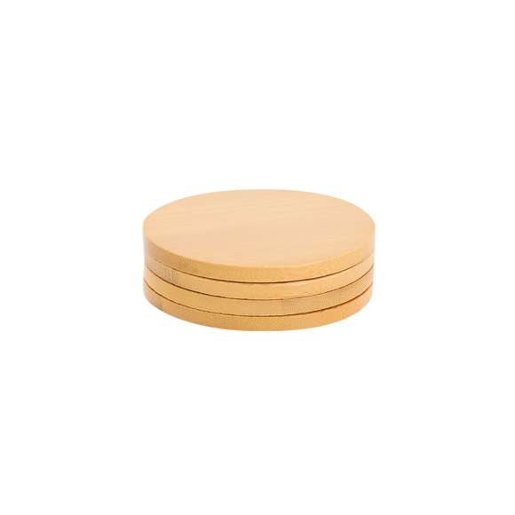 Set de posavasos de bambú. Incluye 4 posavosas. Presentado en bolsa de algodón con cierre de cordones.
