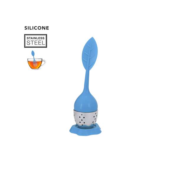 Infusor de té con diseño hoja, fabricado en silicona y acero inoxidable. Incluye base de silicona.