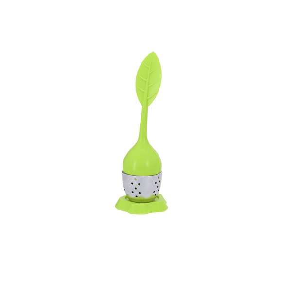 Infusor de té con diseño hoja, fabricado en silicona y acero inoxidable. Incluye base de silicona.