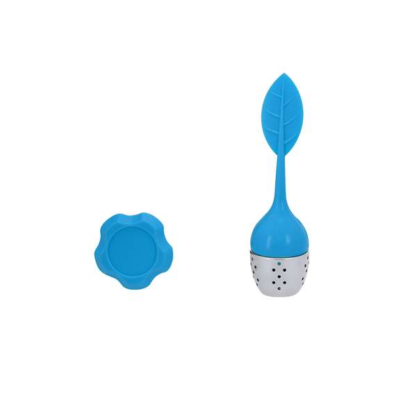 Infusor de té con diseño hoja, fabricado en silicona y acero inoxidable. Incluye base de silicona.