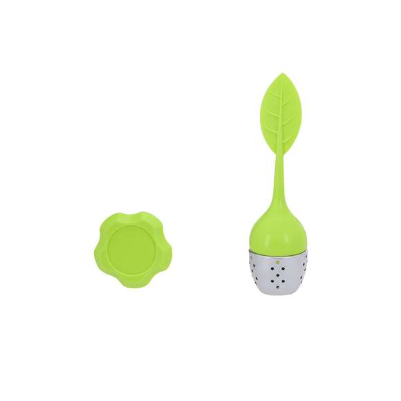Infusor de té con diseño hoja, fabricado en silicona y acero inoxidable. Incluye base de silicona.