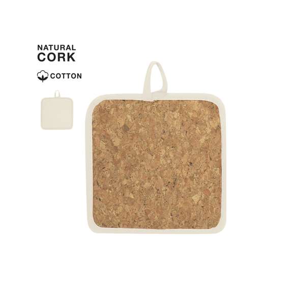 Agarrador de Cocina en algodón y corcho con cinta para colgar.
