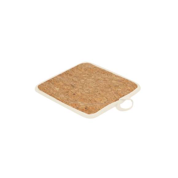 Agarrador de Cocina en algodón y corcho con cinta para colgar.