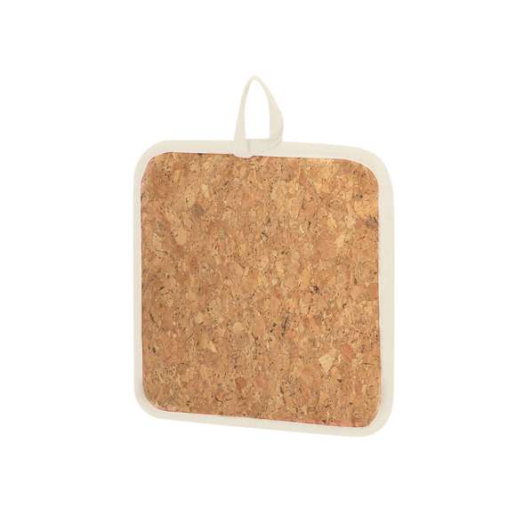 Agarrador de Cocina en algodón y corcho con cinta para colgar.