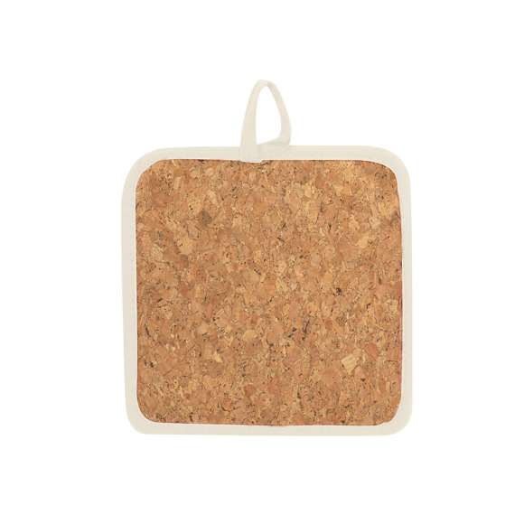 Agarrador de Cocina en algodón y corcho con cinta para colgar.