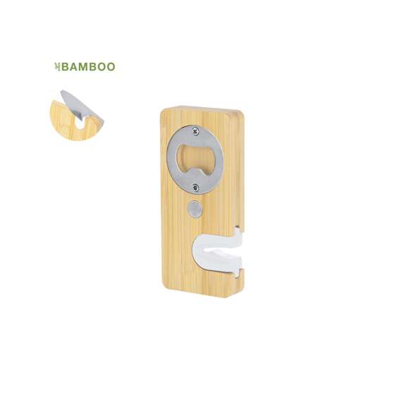 Práctico abridor y afilador 2 en 1, fabricado en bambú. Incluye afilador de cuchillos integrado, abridor de botellas e imán.