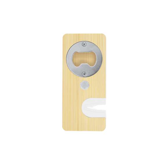 Práctico abridor y afilador 2 en 1, fabricado en bambú. Incluye afilador de cuchillos integrado, abridor de botellas e imán.