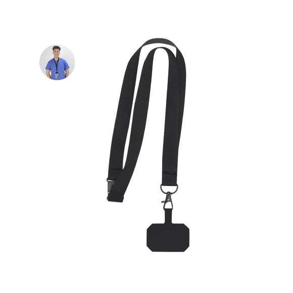 Original lanyard soporte en suave poliéster, adaptable por el accesorio de transporte para situar entre la funda y el smartphone. Cinta de transporte a juego, mosquetón metálico giratorio en color negro y dispone de accesorio de seguridad en el cuello.