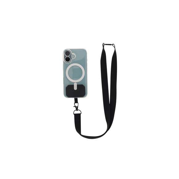 Original lanyard soporte en suave poliéster, adaptable por el accesorio de transporte para situar entre la funda y el smartphone. Cinta de transporte a juego, mosquetón metálico giratorio en color negro y dispone de accesorio de seguridad en el cuello.