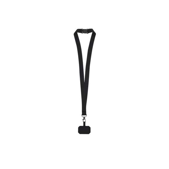 Original lanyard soporte en suave poliéster, adaptable por el accesorio de transporte para situar entre la funda y el smartphone. Cinta de transporte a juego, mosquetón metálico giratorio en color negro y dispone de accesorio de seguridad en el cuello.