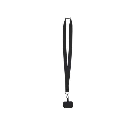 Original lanyard soporte en suave poliéster, adaptable por el accesorio de transporte para situar entre la funda y el smartphone. Cinta de transporte a juego, mosquetón metálico giratorio en color negro y dispone de accesorio de seguridad en el cuello.