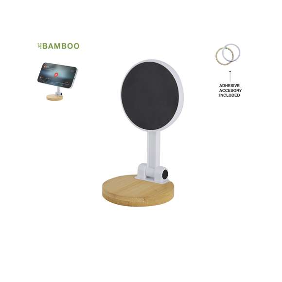 Soporte plegable para smartphones. Con fijación magnética, MagSafe y posición ajustable para mayor comodidad. Incluye  anillo metálico adhesivo.Materiales como el bambú fomentan la utilización de materias primas naturales, reduciendo las emisiones contaminantes. Proviene de una planta de gran resistencia y versatilidad, con crecimiento y regeneración rápidos, siendo una excelente alternativa al uso de madera tradicional.