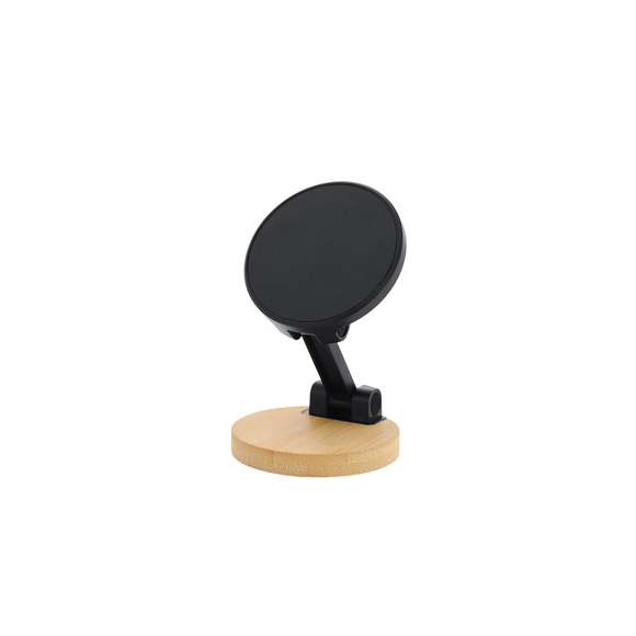 Soporte plegable para smartphones. Con fijación magnética, MagSafe y posición ajustable para mayor comodidad. Incluye  anillo metálico adhesivo.Materiales como el bambú fomentan la utilización de materias primas naturales, reduciendo las emisiones contaminantes. Proviene de una planta de gran resistencia y versatilidad, con crecimiento y regeneración rápidos, siendo una excelente alternativa al uso de madera tradicional.