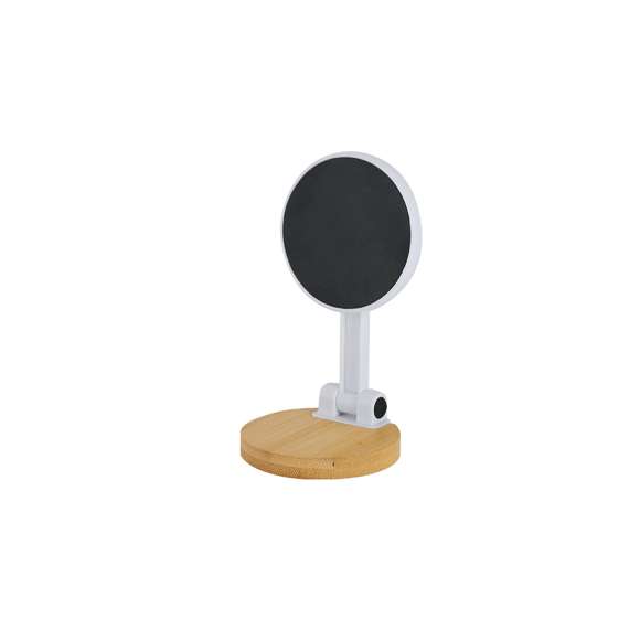 Soporte plegable para smartphones. Con fijación magnética, MagSafe y posición ajustable para mayor comodidad. Incluye  anillo metálico adhesivo.Materiales como el bambú fomentan la utilización de materias primas naturales, reduciendo las emisiones contaminantes. Proviene de una planta de gran resistencia y versatilidad, con crecimiento y regeneración rápidos, siendo una excelente alternativa al uso de madera tradicional.