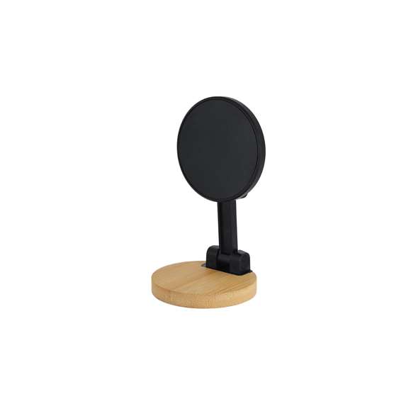 Soporte plegable para smartphones. Con fijación magnética, MagSafe y posición ajustable para mayor comodidad. Incluye  anillo metálico adhesivo.Materiales como el bambú fomentan la utilización de materias primas naturales, reduciendo las emisiones contaminantes. Proviene de una planta de gran resistencia y versatilidad, con crecimiento y regeneración rápidos, siendo una excelente alternativa al uso de madera tradicional.