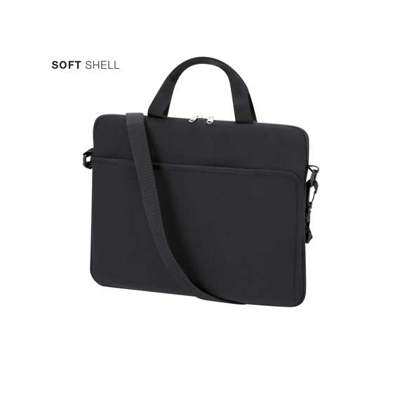 Funda para ordenador portátil confeccionada en soft shell, con compartimento principal acolchado para dispositivos de hasta 14 pulgadas. Diseñada con cierre de cremallera de doble tirador y un práctico bolsillo exterior de acceso rápido. Fácil de transportar gracias a sus asas de mano, cinta para hombro ajustable y cinta trasera para trolley.