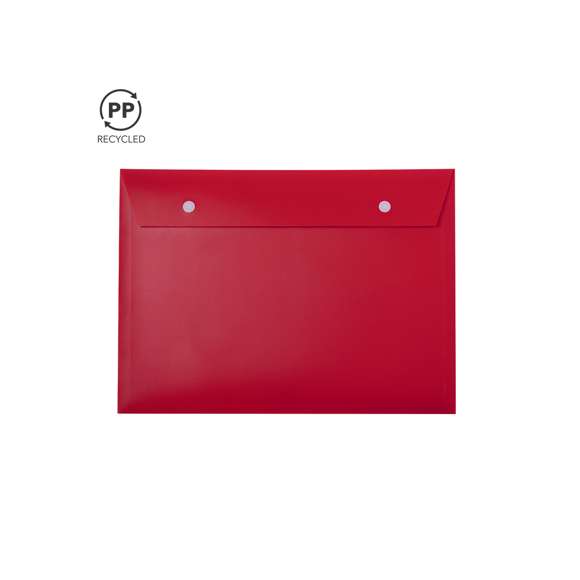 Práctico portadocumentos fabricado en PP Reciclado, con compartimento principal con solapa con cierres de botón en color blanco. El PP Recycled es un plástico reciclado y altamente reciclable, de gran resistencia y apto para multitud de aplicaciones. Con certificación Food Grade, garantizando la seguridad cuando los alimentos entran en contacto con el material usado para fabricar el producto.