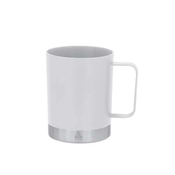 Taza de PP reciclado, combinado con base de acero inoxidable reciclado. Con 400 ml de capacidad.Con certificación Food Grade, garantizando la seguridad cuando los alimentos entran en contacto con el material usado para fabricar el producto. Con distintivo de Acero Inox Reciclado.El PP reciclado es un plástico reciclado y altamente reciclable, de gran resistencia y apto para multitud de aplicaciones.El acero es uno de los materiales más demandados y que puede encontrarse casi en todas partes, desde productos de uso diario a grandes construcciones. Con innumerables propiedades, entre las que cabe destacar la durabilidad y su alto grado de reutilización, convirtiéndolo en una alternativa muy valorada en soluciones de sostenibilidad. Debidamente tratado, permite obtener nuevos recursos de infinita utilización.