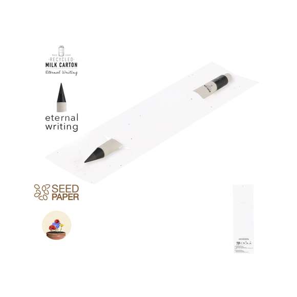 Lápiz eterno fabricado con cartones de leche reciclados, presentado en funda de papel con semillas. Reutilizable y con escritura infinita. Incluye goma de borrar en la parte superior del lápiz y capucha de protección. De color blanco, con detalles en negro. Con distintivo de cartón de leche reciclado en el cuerpo. La funda incluye semillas de petunia, convirtiéndolo en papel plantable al final de su vida útil. Incluye instrucciones de plantado en la cubierta trasera.Los Cartones de Ceche se componen en su mayor parte de cartón y aluminio. Durante su proceso de reciclado, se separan los distintos materiales del envase para su reutilización y nuevo uso, contribuyendo así a recorrer el camino infinito de la economía circular. Este material se caracteriza por su alto grado de reciclabilidad, así como por su ligereza y resistencia.