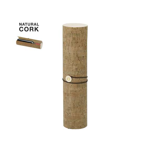 Caja de presentación con interior de madera natural y recubrimiento exterior de corcho. Cuenta con cierre de correa marrón.