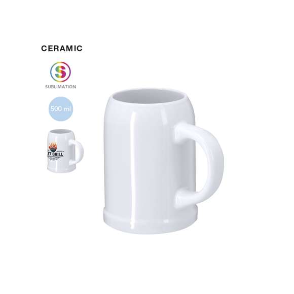Jarra de cerámica de 500ml de capacidad. Especialmente diseñada para marcaje en sublimación.