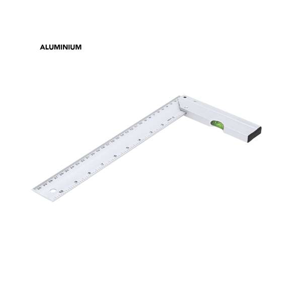 Escuadra en forma de L, fabricada en aluminio, con una longitud de 30,5 cm y medidas en pulgadas de 10,5”. Diseñada con una empuñadura que incorpora un nivel y un práctico agujero para colgar, facilitando su almacenamiento.