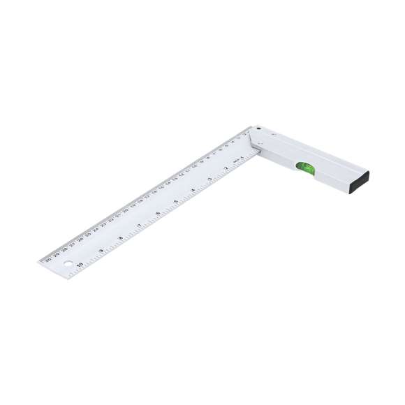 Escuadra en forma de L, fabricada en aluminio, con una longitud de 30,5 cm y medidas en pulgadas de 10,5”. Diseñada con una empuñadura que incorpora un nivel y un práctico agujero para colgar, facilitando su almacenamiento.