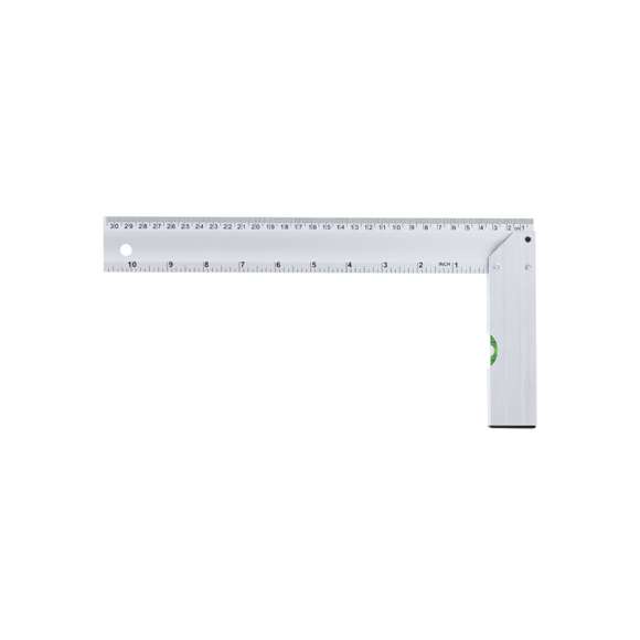 Escuadra en forma de L, fabricada en aluminio, con una longitud de 30,5 cm y medidas en pulgadas de 10,5”. Diseñada con una empuñadura que incorpora un nivel y un práctico agujero para colgar, facilitando su almacenamiento.