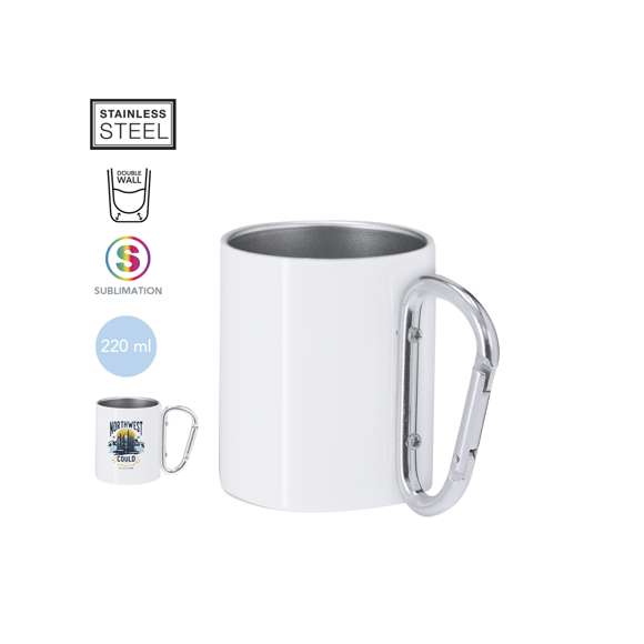 Taza de acero inox de 220ml, con cuerpo de acabado blanco brillante metálico y una funcional asa en forma de mosquetón pudiendo ser fácil de transportar. Especialmente diseñada para la sublimación.