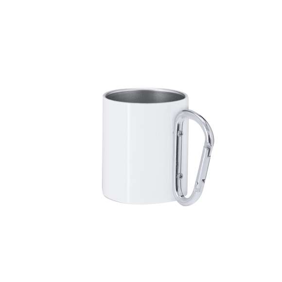 Taza de acero inox de 220ml, con cuerpo de acabado blanco brillante metálico y una funcional asa en forma de mosquetón pudiendo ser fácil de transportar. Especialmente diseñada para la sublimación.