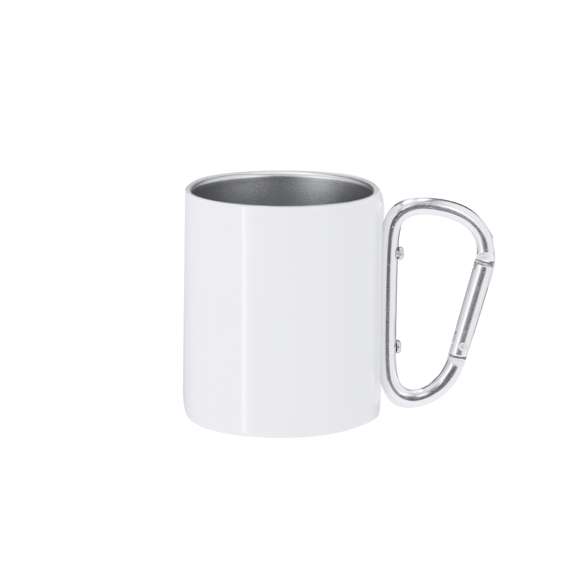 Taza de acero inox de 220ml, con cuerpo de acabado blanco brillante metálico y una funcional asa en forma de mosquetón pudiendo ser fácil de transportar. Especialmente diseñada para la sublimación.
