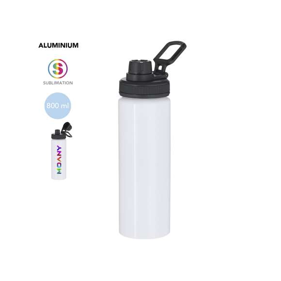Bidón de aluminio con 800 ml de capacidad. En color blanco brillante, especialmente diseñado para la sublimación. Incluye tapadera color negro con sistema de cierre a rosca, agarre de silicona gris para un óptimo sellado, dosificador y asa para transporte ajustable. Libre de BPA.