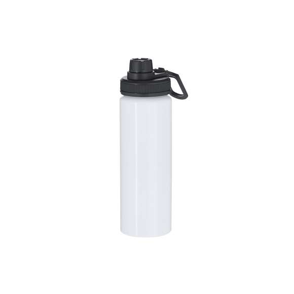 Bidón de aluminio con 800 ml de capacidad. En color blanco brillante, especialmente diseñado para la sublimación. Incluye tapadera color negro con sistema de cierre a rosca, agarre de silicona gris para un óptimo sellado, dosificador y asa para transporte ajustable. Libre de BPA.