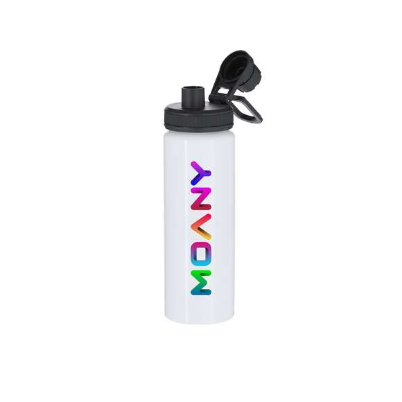 Bidón de aluminio con 800 ml de capacidad. En color blanco brillante, especialmente diseñado para la sublimación. Incluye tapadera color negro con sistema de cierre a rosca, agarre de silicona gris para un óptimo sellado, dosificador y asa para transporte ajustable. Libre de BPA.