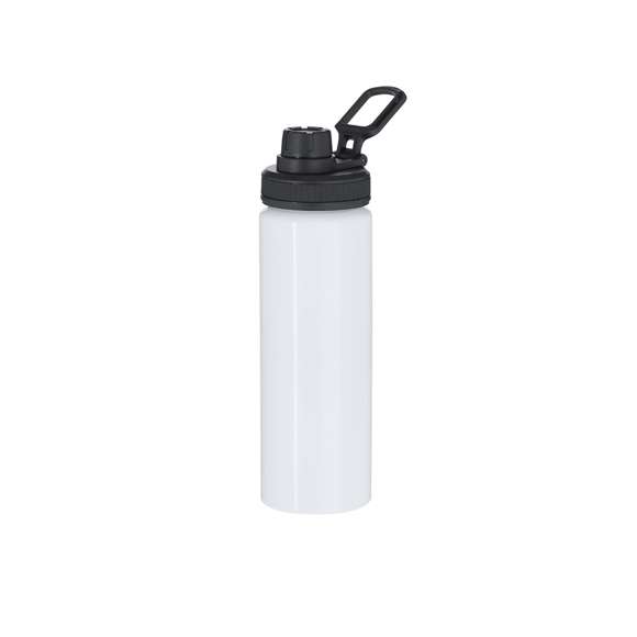 Bidón de aluminio con 800 ml de capacidad. En color blanco brillante, especialmente diseñado para la sublimación. Incluye tapadera color negro con sistema de cierre a rosca, agarre de silicona gris para un óptimo sellado, dosificador y asa para transporte ajustable. Libre de BPA.