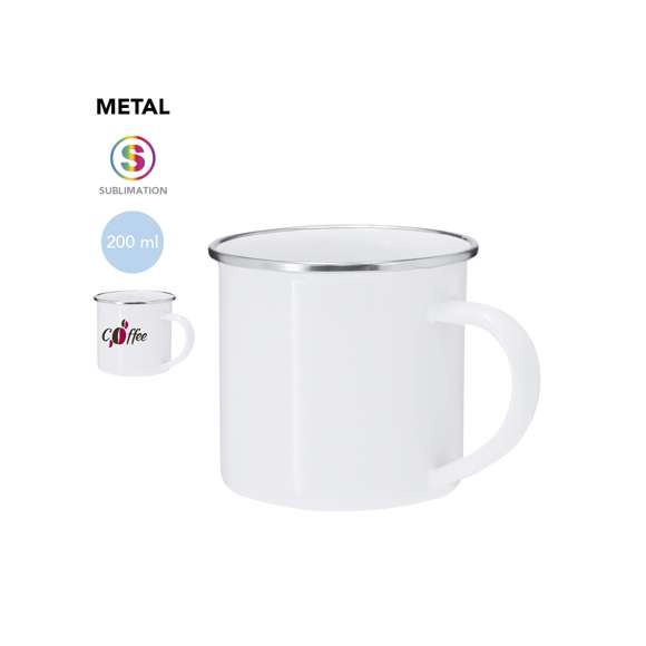 Taza metálica de 200ml de capacidad con diseño vintage y acabado blanco brillante con elegante detalle en cromado en el borde. Diseñada especialmente para la sublimación.